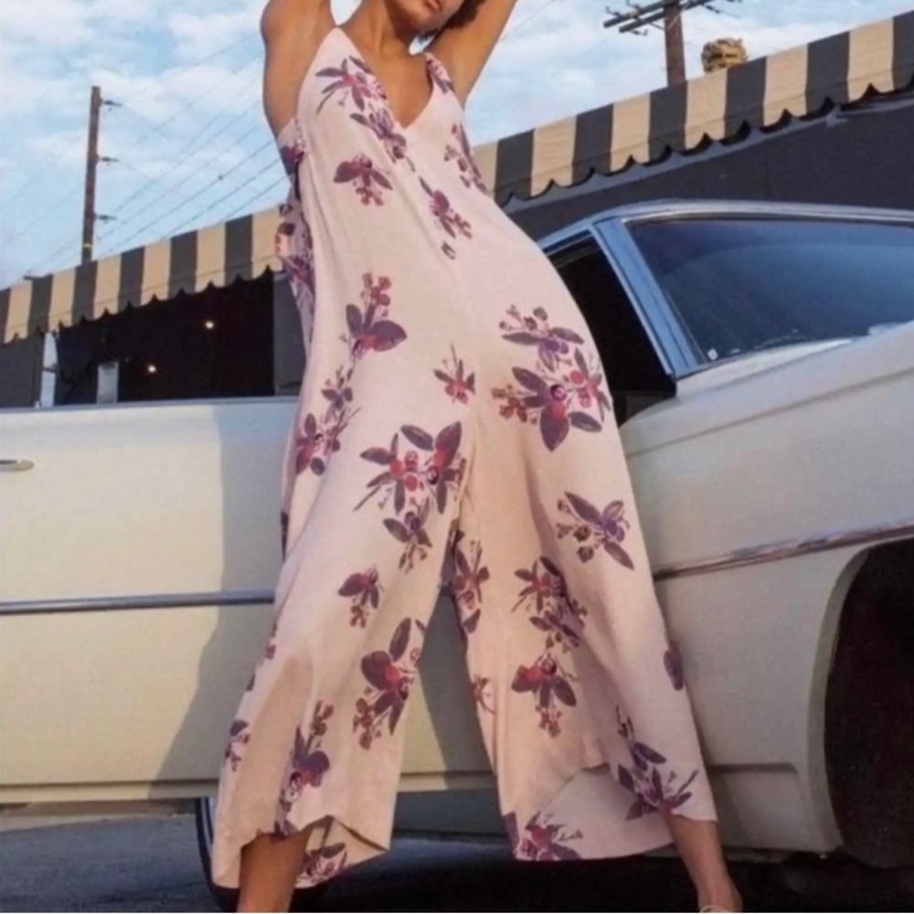 Free People Pink and Purple Floral Jumpsuit with Flowing Silhouette